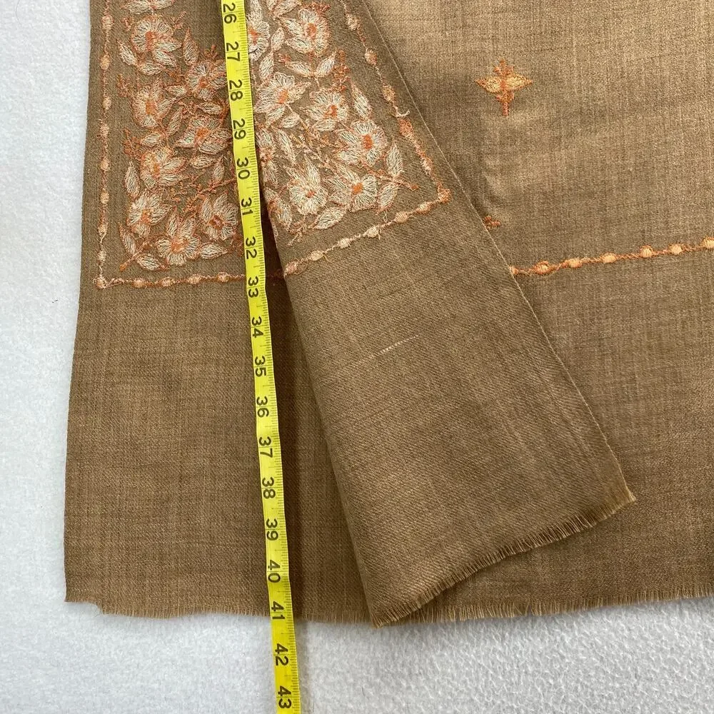 Wool Scarf Shawl Kashmiri Wrap Embroidered Floral Oversized Fringe Camel Brown